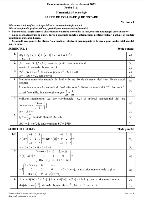 Baremele pentru proba Matematică (mate-info). FOTO edu.ro