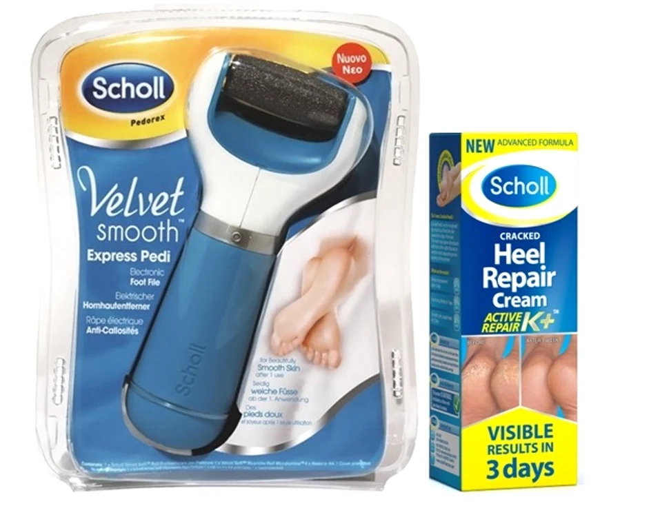 Pilă electronică Scholl Velvet Smooth cu capăt rotativ abraziv. La final, aplică o cremă cu keratină pentru tratarea călcâielor crăpate