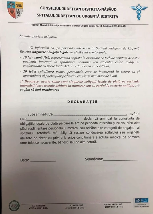 Așa arată declarația pe care trebuie să o completeze pacienții la internare