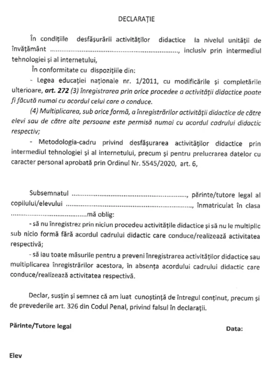 Declarația pe proprie răspundere care trebuie semnată atât de elevi, cât și de părinți