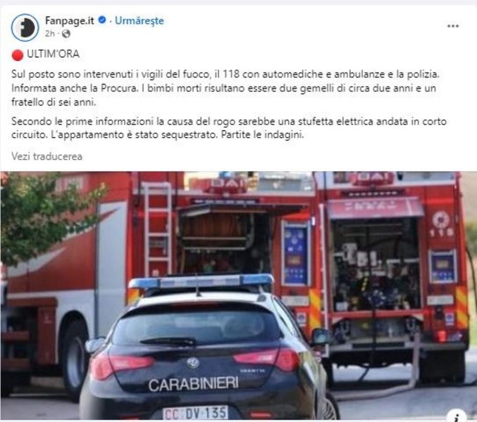 Trei copii români şi mama lor au murit în apartamentul care a luat foc, la Bologna