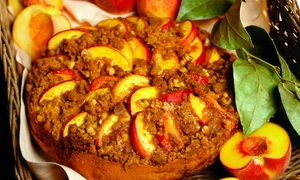 Peach Coffee Cake in a Basket with Fresh Peaches jpeg
