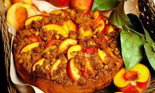Peach Coffee Cake in a Basket with Fresh Peaches jpeg