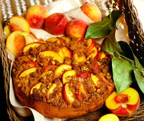 Peach Coffee Cake in a Basket with Fresh Peaches jpeg