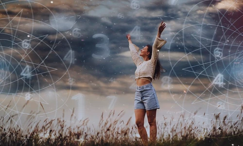 abstract numerology concept with woman full shot jpg