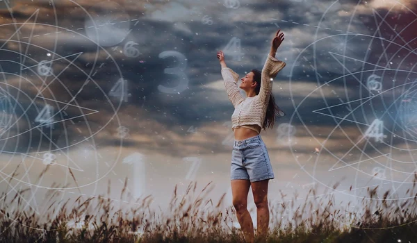 abstract numerology concept with woman full shot jpg