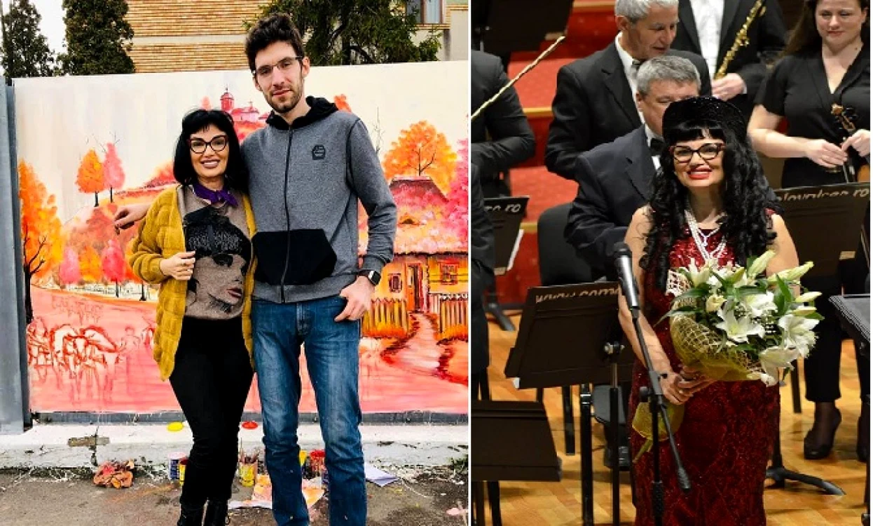 Ozana Barabancea la Vâlcea: în stânga alături de autorul picturilor stradale de pe panourile fonice din plexiglass, din centrul municipiului Râmnicu Vâlcea, prof. Adrian Luţă; în dreaptă  - în concert la Filarmonica de Stat Ion Dumitrescu, Foto: colaj