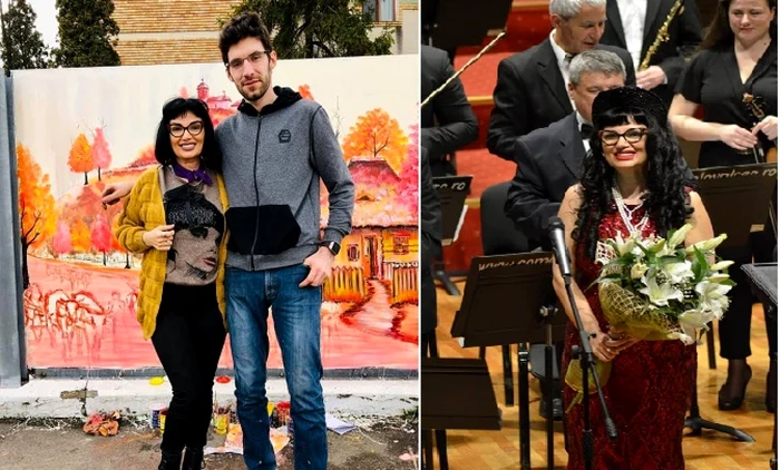 Ozana Barabancea la Vâlcea: în stânga alături de autorul picturilor stradale de pe panourile fonice din plexiglass, din centrul municipiului Râmnicu Vâlcea, prof. Adrian Luţă; în dreaptă  - în concert la Filarmonica de Stat Ion Dumitrescu, Foto: colaj