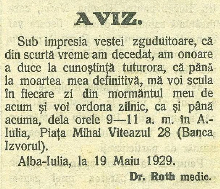 Anunțul dat de medicul din Alba IUulia FOTO Arhivele Naționale Alba