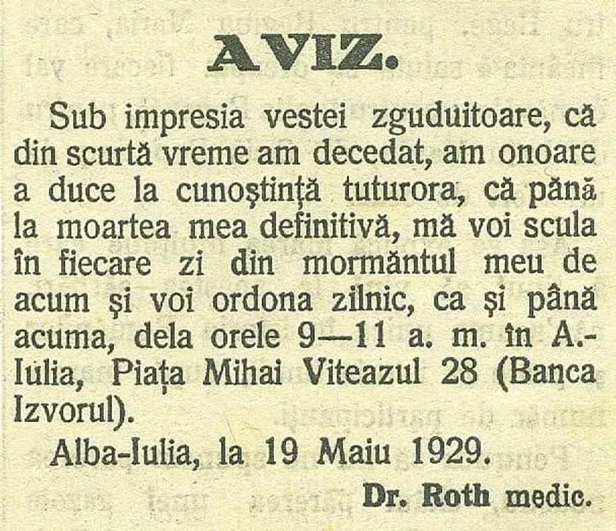 Anunțul dat de medicul din Alba IUulia FOTO Arhivele Naționale Alba