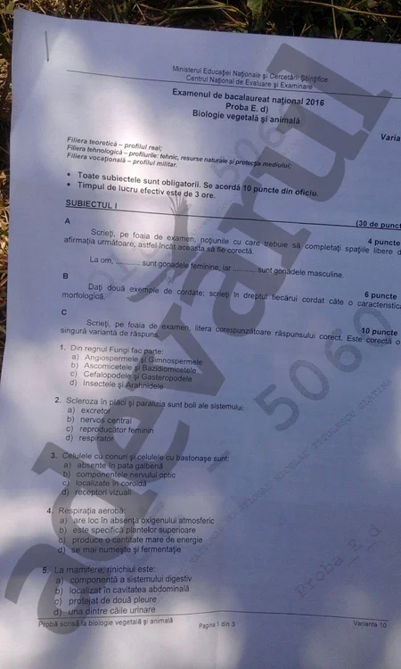 Subiectele de la Biologie - pagina 1