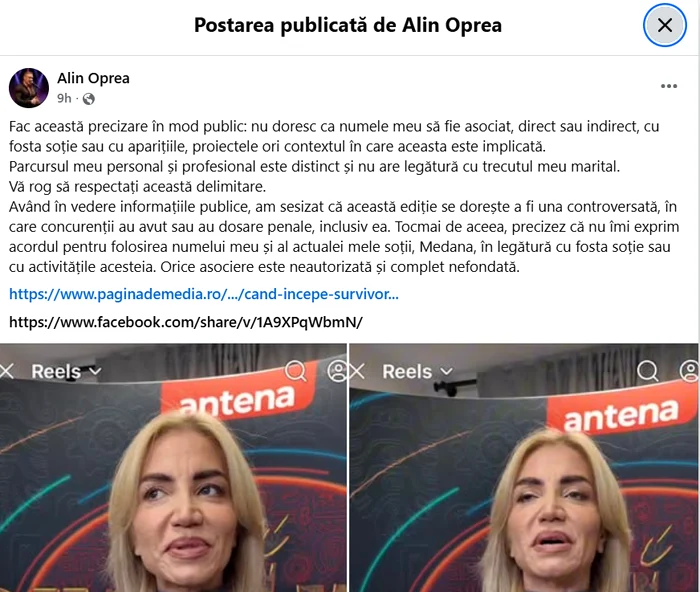 Postarea lui Alin Oprea - Foto: Facebook 