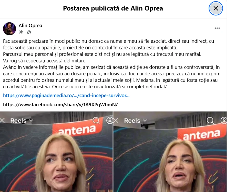 Postarea lui Alin Oprea - Foto: Facebook 