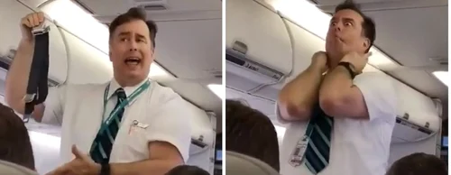 Americanul Michael McAdam însoţitorul de bord şi veteran al companiei WestJet prezentându-şi numărul comic cu instrucţiunile de zbor Foto captură video