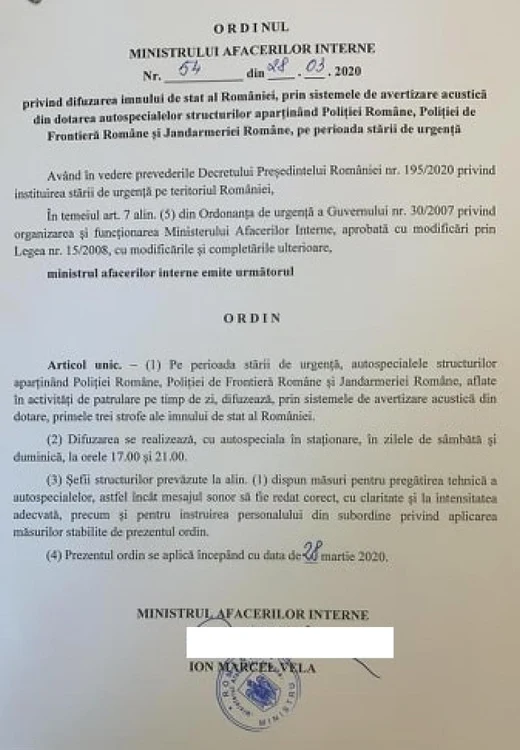 Ordinul a intrat în vigoare de sâmbătă, 28 martie