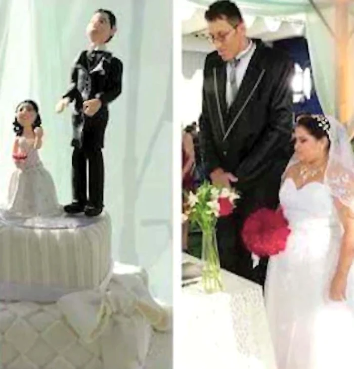 Figurinele de pe  tort au fost făcute  după chipul şi  asemănarea mirilor