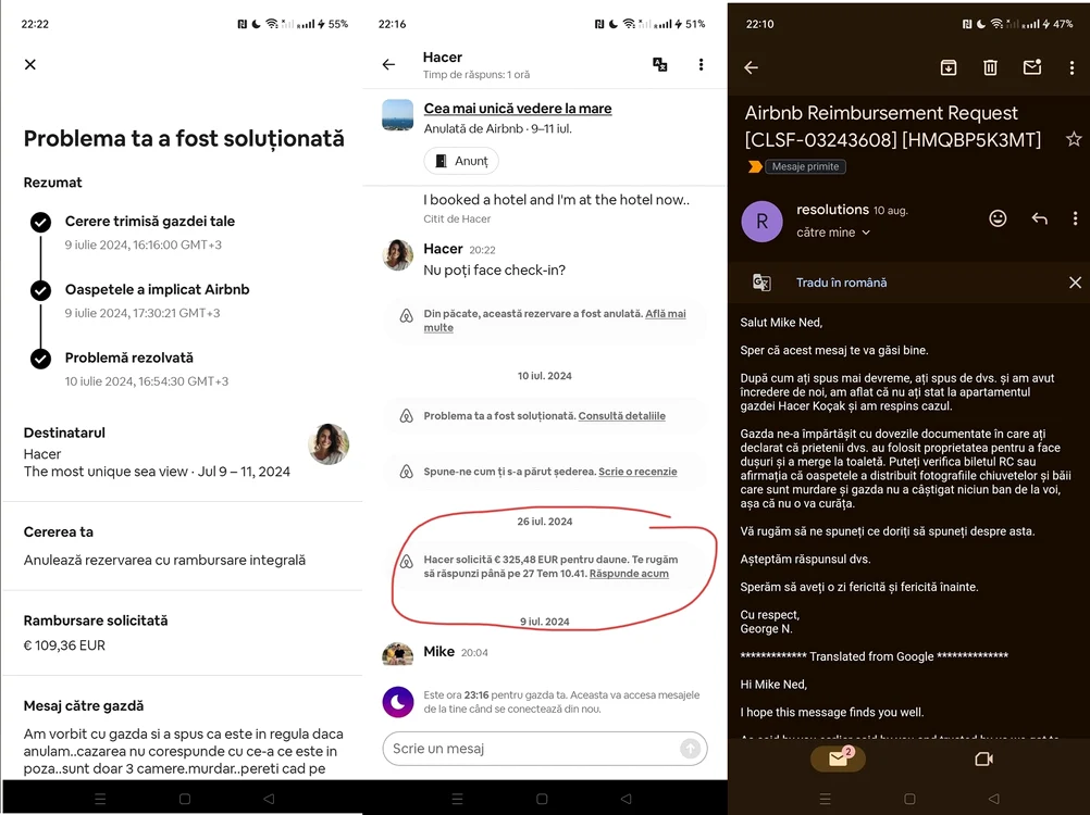 discuții între un client și Airbnb Turcia