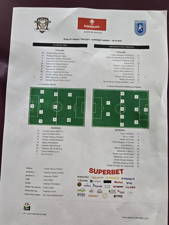 Foaia de joc de la partida din Giulești FOTO Daniel Conțescu