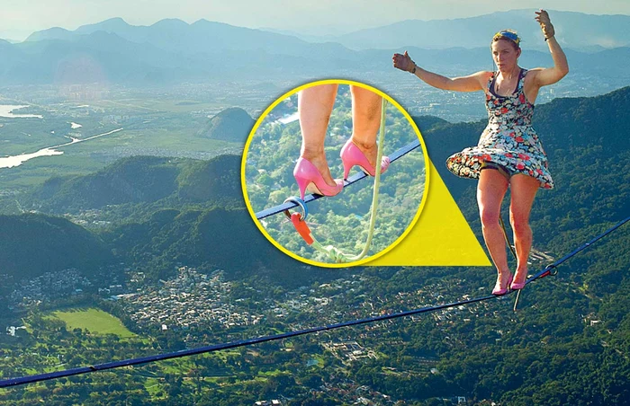 Faith Dickey, la 840 de metri înălțime, în Rio de Janeiro, cu pantofi ce au tocuri de 6 cm, în timp ce fâşia e lată de doar 3,5 cmFoto: Photoland/Caters