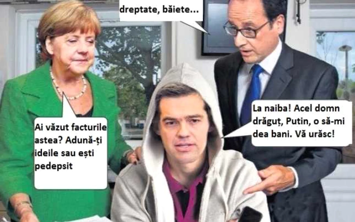 Imagine din tabloidul britanic The Sun în care Angela Merkel, Francois Hollande şi Alexis Tsipras reprezintă o familie cu probleme FOTO The Sun