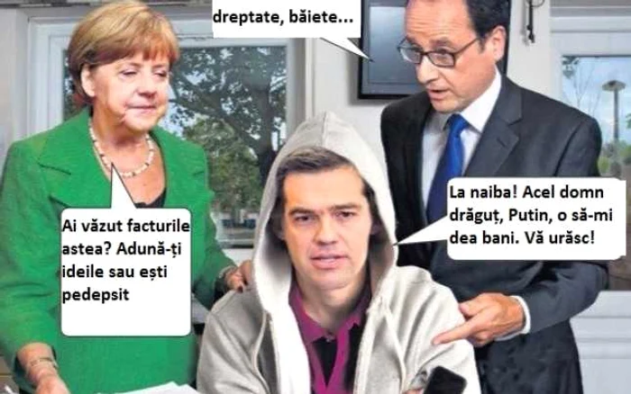 Imagine din tabloidul britanic The Sun în care Angela Merkel, Francois Hollande şi Alexis Tsipras reprezintă o familie cu probleme FOTO The Sun