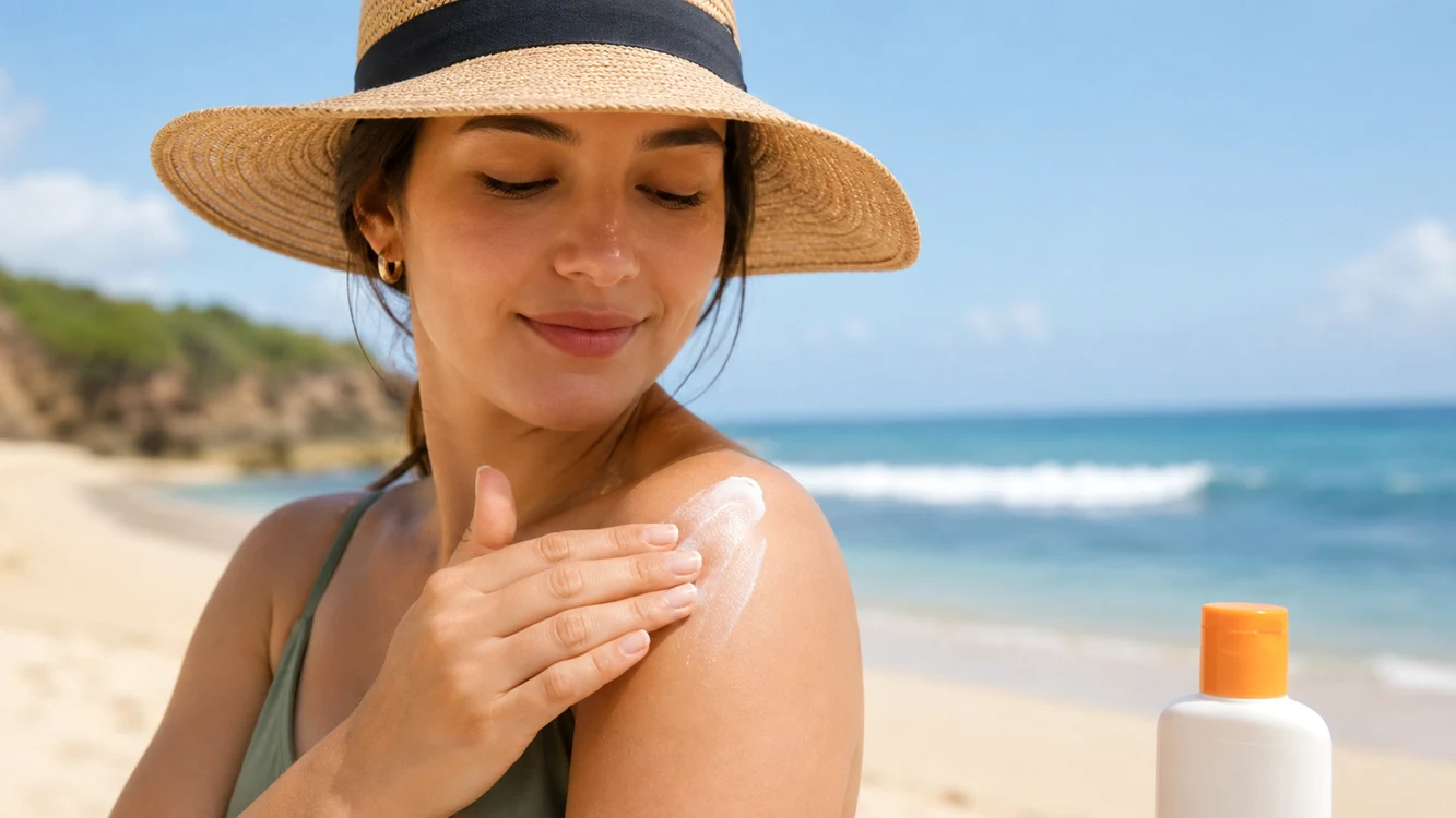 Femeie care aplică loțiune cu SPF pe braț la plajă pentru protecție solară Foto Consumer Affairs
