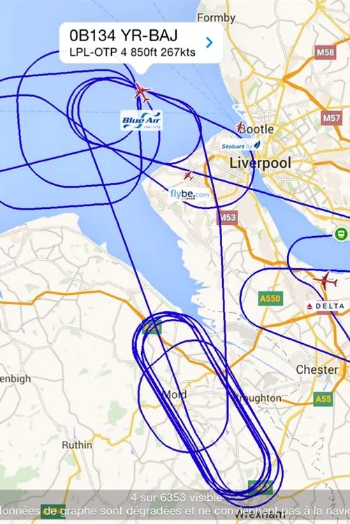 Modul în care avionul OB134 a survolat spaţiul aerian din jurul oraşului Liverpool