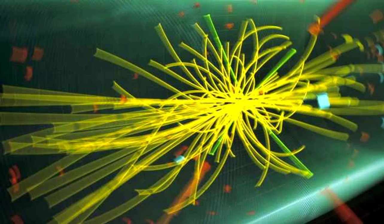 Grafic reprezentând traseele de coliziune ale particulelor, experiment în urma căruia a fost pusă în evidenţă existenţa bozonului Higgs.