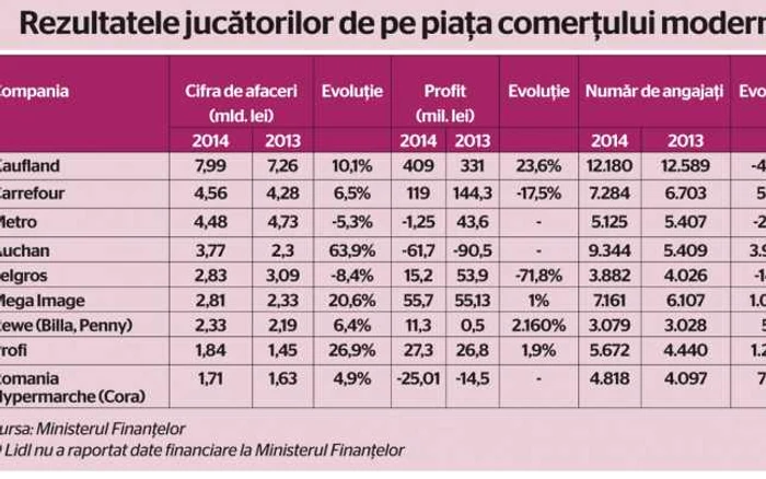 tabel retail romania 2014 kaufland carrefour metro auchan selgros mega image billa penny cora lidl profi