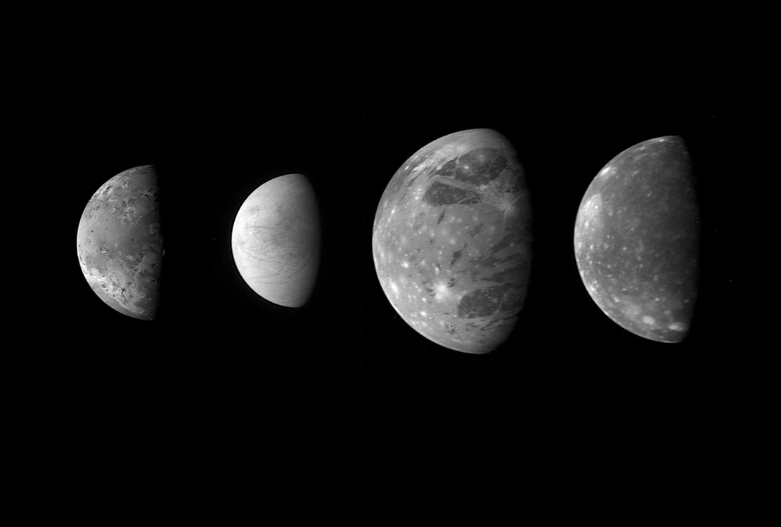 Lunile lui Jupiter, de la stânga la dreapta: Io, Europa, Ganymede și Callisto FOTO NASA