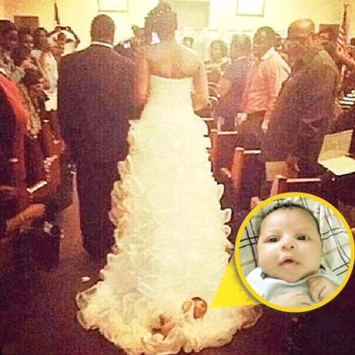 Micuţa Aubrey a fost legată pe trena mamei (Fotografii: Facebook)