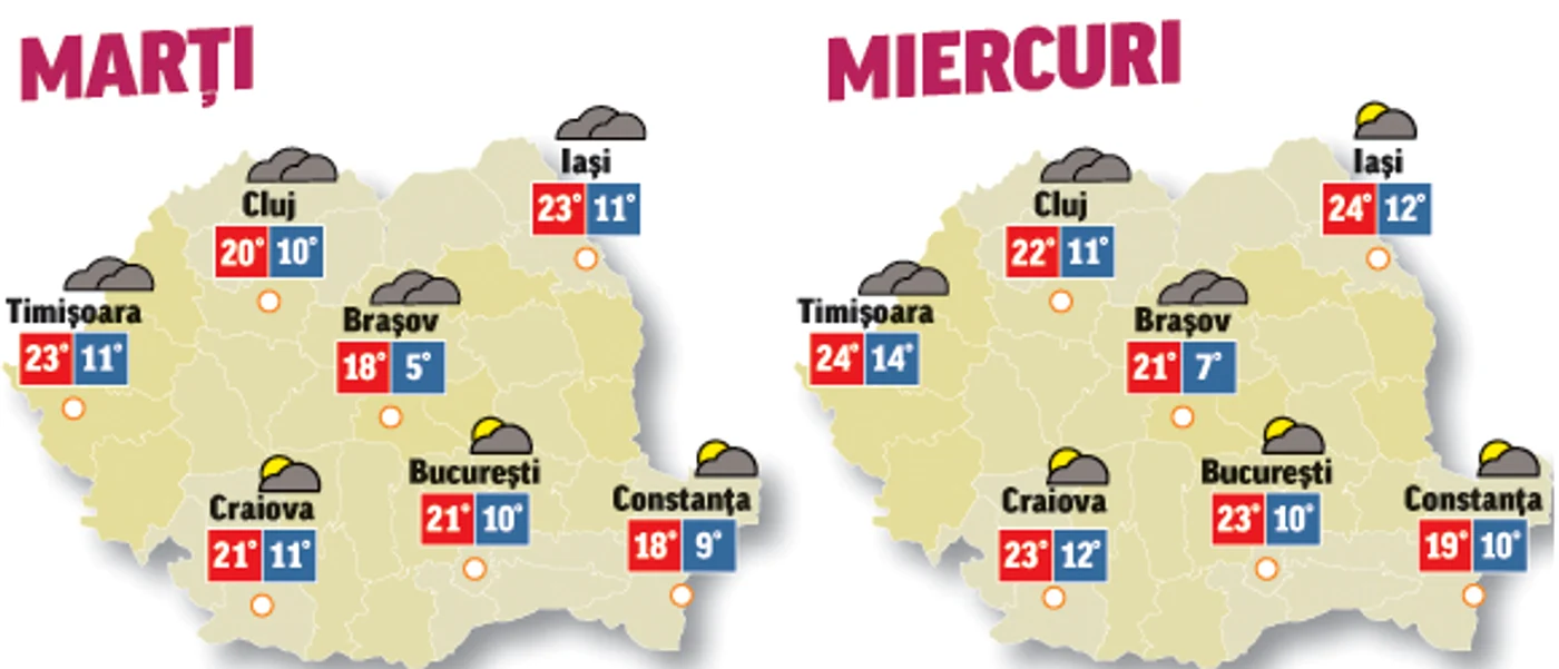 Nici următoarele două zile nu scăpăm de nori și precipitații mai ales în vest, nord, centru, la deal și la munte