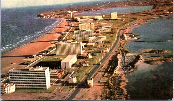 Carte poștală din anii 60 înfățișând hotelurile Flora, Doina, Meridian, Aurora, Perla din Mamaia, văzute de sus (© Direcția Patrimoniu Digital - cIMeC)