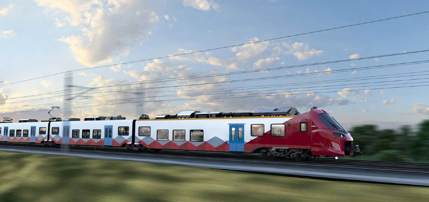 Tren nou vopsit în alb roșu și gri