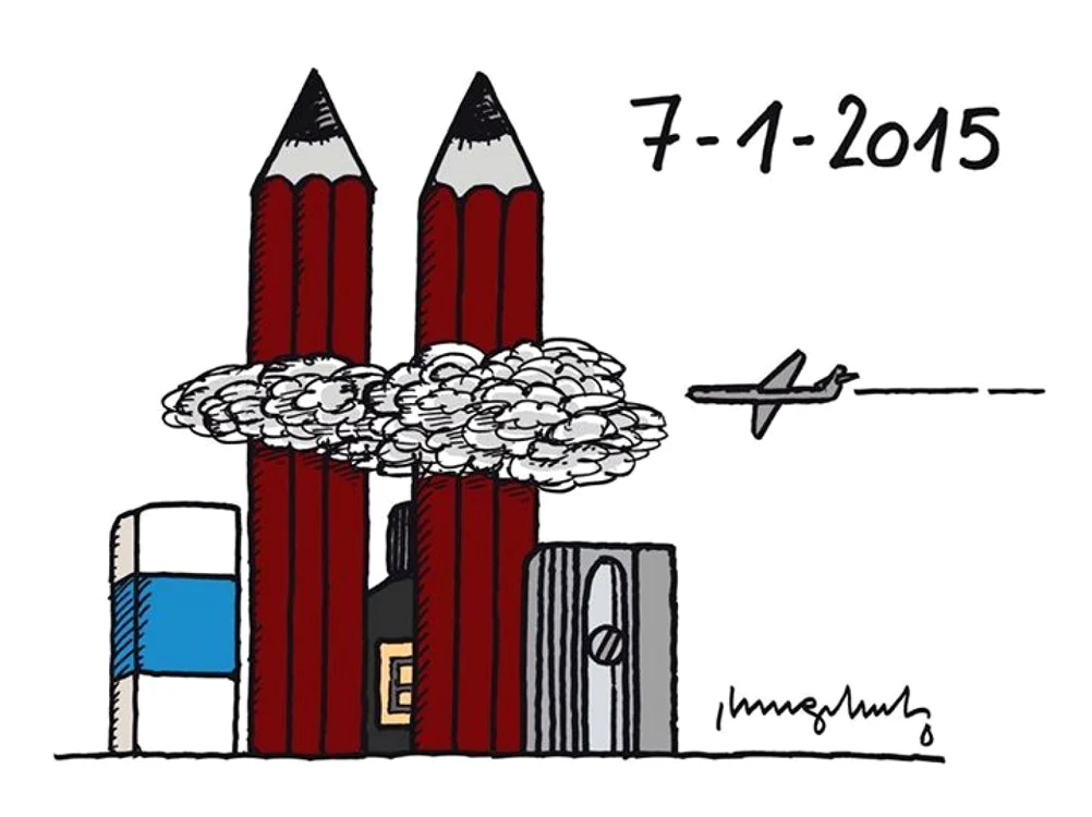 Caricatură realizată în memoria jurnaliştilor de la Charlie Hebdo.