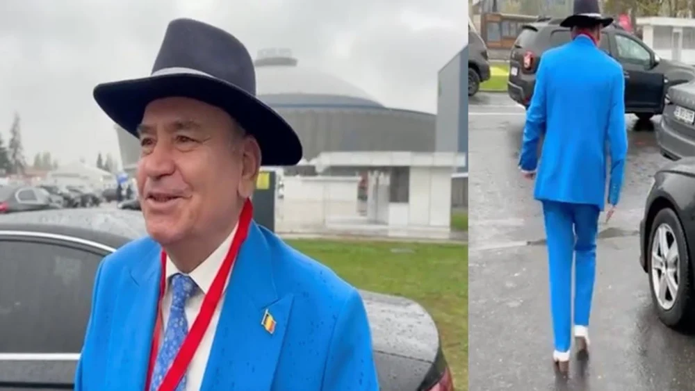 Primarul din Pleșoi, apariție extravagantă la Congresul PSD: costum bleu electric, ciocate albe și pălărie de cowboy
