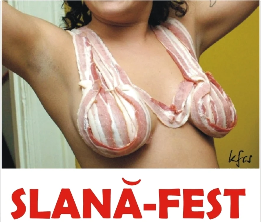 Ediţia din 2013 a Festivalului Slăninei din Cluj-napoca este promovată şi printr-un afiş cu un sutien din slănină FOTO: afişul organizatorilor