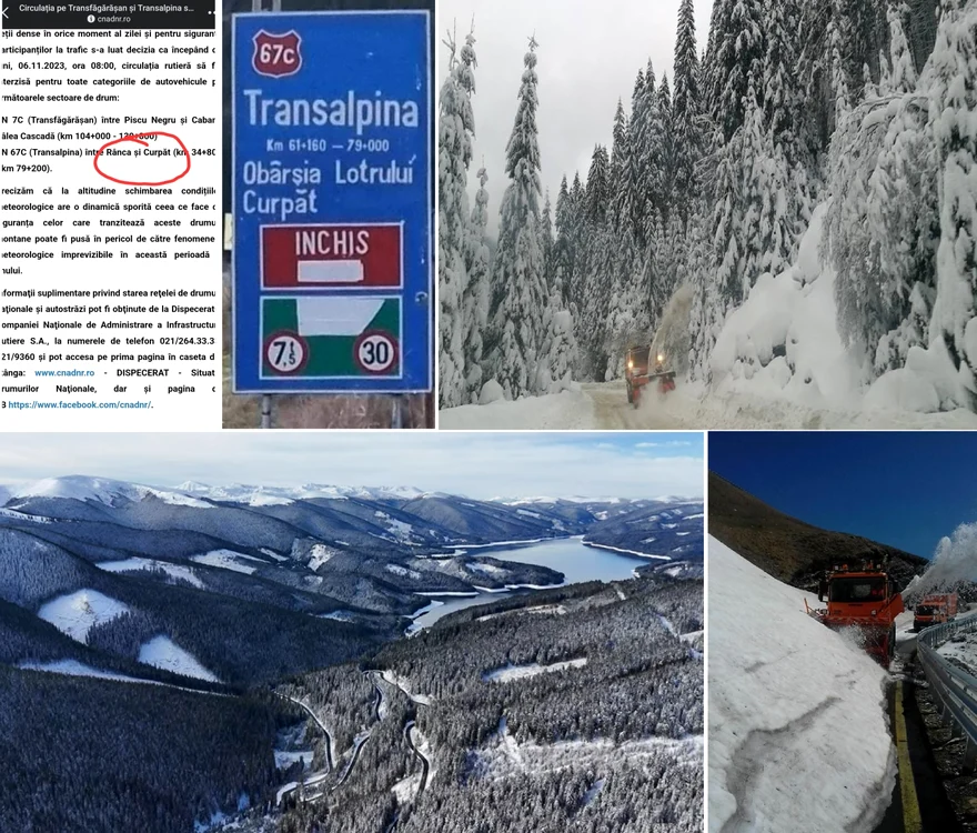 Închidere Transalpina DN67C pe timpul iernii între Obârșia Lotrului Vâlcea și Curpăt Alba Foto Colaj