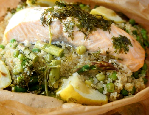 Salmon and quinoa parcels title jpeg