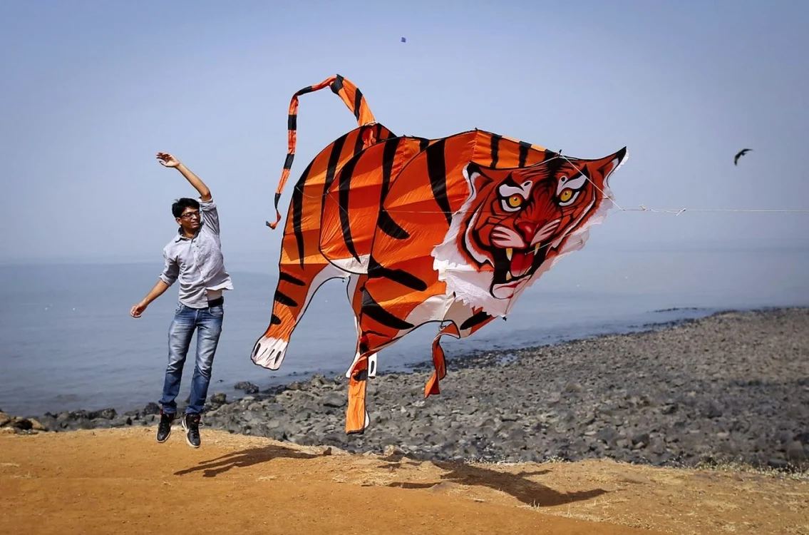 Un participant ridica un zmeu in forma de tigru in timpul Festivalului de Zmee in Mumbai FOTO Reuters