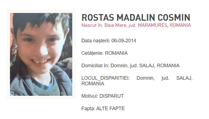 Copil cu epilepsie dispărut de două săptămâni în Sălaj. FOTO: Poliția Română