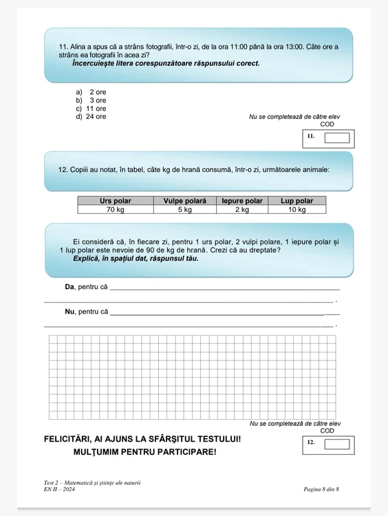 Testul 2  - Matematică și Științele Naturii - Evaluarea Națională clasa a II a