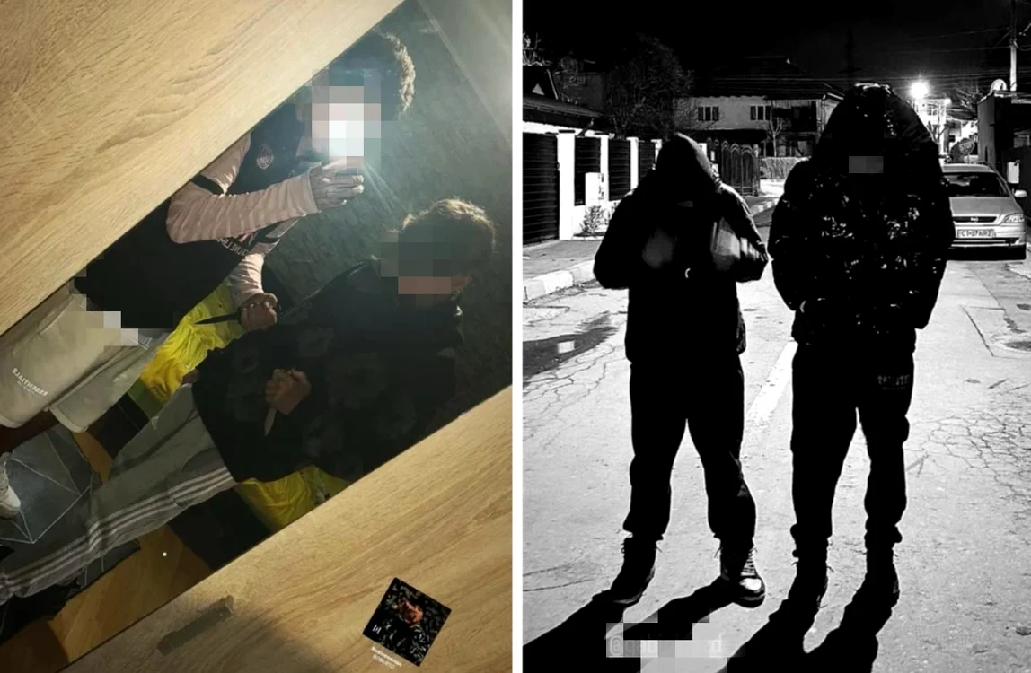 Cei doi tineri ținând cuțite în mână FOTO: Facebook/ Horia Contantinescu