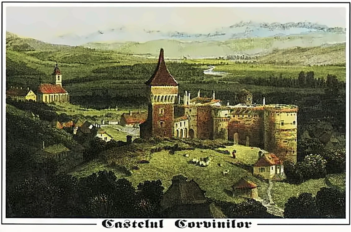 Castelul Corvinilor, la mijlocul secolului al XIX-lea. Gravură de epocă. 