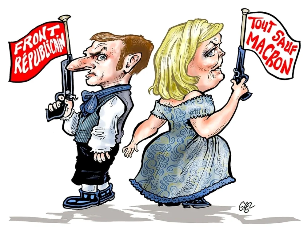 Caricatură Macron vs Le Pen
