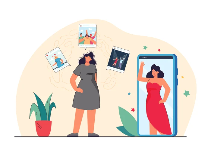 Ilustrație cu o femeie care se privește în telefon, unde imaginea sa este idealizată, distorsionată