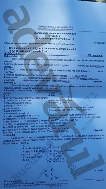 Proba E. Chimie Anorganică (nivel 1 şi 2)- sesiunea de toamnă