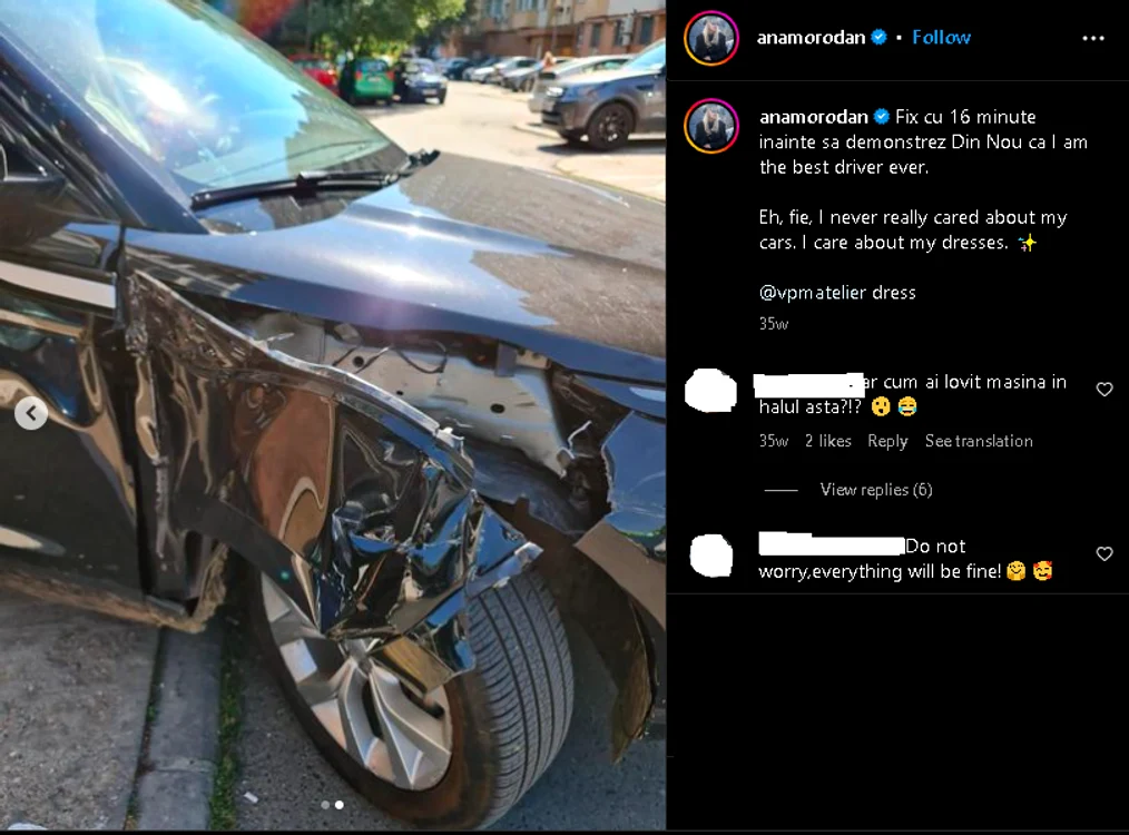 La un alt accident, Ana Morodan era îngrijorată de rochiile ei, nu de starea mașinii FOTO Instagram
