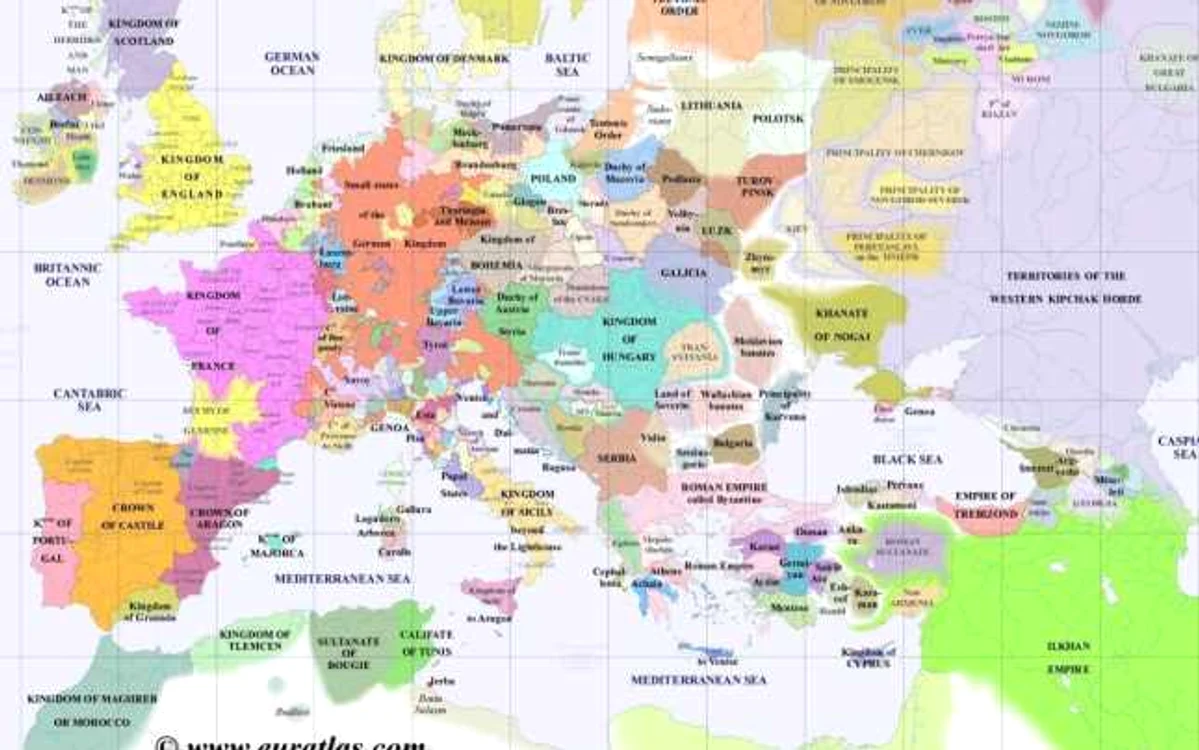Harta Europei la 1300. Formatiunile statale romanesti erau deja constituite. Singurele pete albe (triburi unde nu exista inca autoritate centrala) erau in zona baltica.