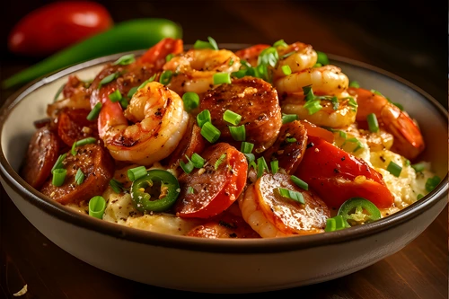 delectable shrimp and grits with andouille sausage, bell peppers, scallions, Southern style, Generative AI Free Photo png